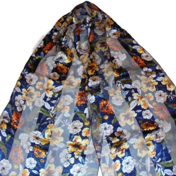 Scarf floral satin chiffon dark blue - gold - Picture 3 of 5